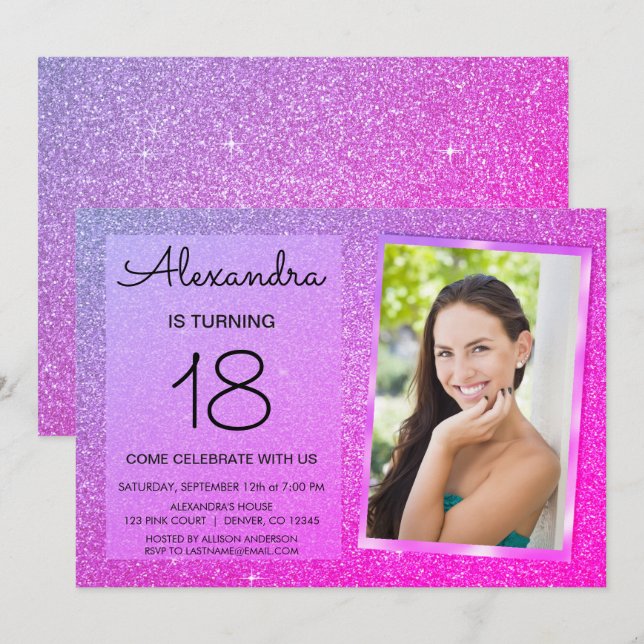 18th Sparkle Glitter Girly Pink and Purple Invitation (Front/Back)