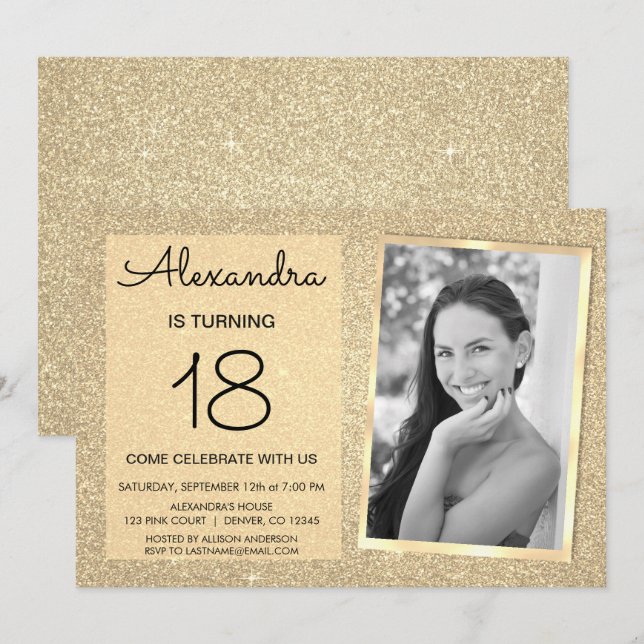 18th Sparkle Glitter Luxury Gold Photo Invitation (Front/Back)