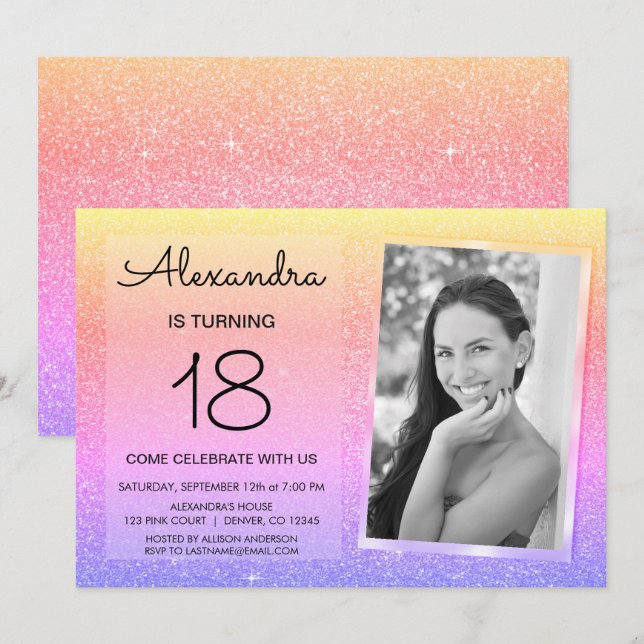 18th Sparkle Glitter Luxury Pink, Gold Purple Invitation (Front/Back)