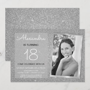 18th Sparkle Glitter Luxury Silver Photo Invitation