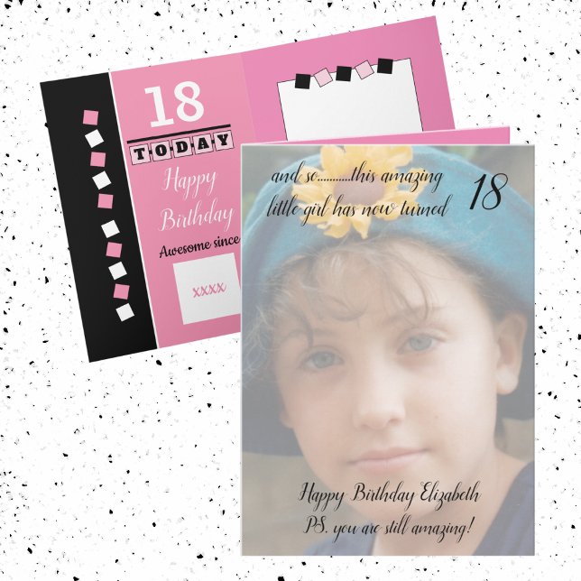 18th still amazing pink and black birthday photo card (Creator Uploaded)