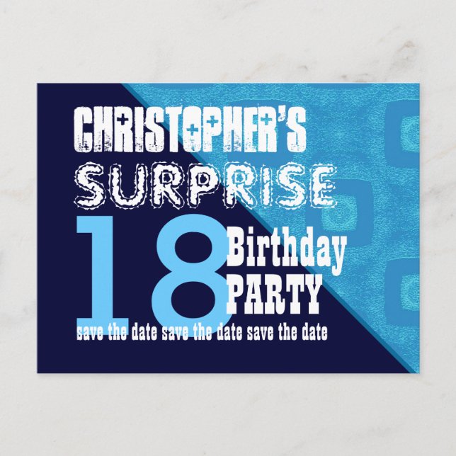 18th Surprise Birthday Save the Date Diagonal V02B Announcement Postcard (Front)