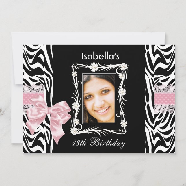 18th Teen Birthday Party Pink Black White Zebra Invitation (Front)