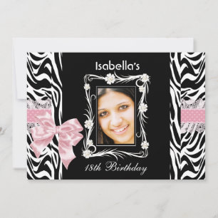 18th Teen Birthday Party Pink Black White Zebra Invitation