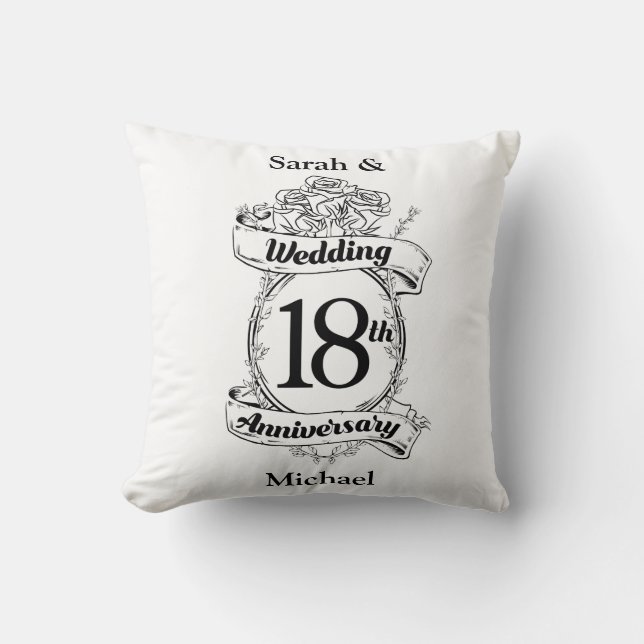 18th Wedding Anniversary Black and White Roses Cushion (Front)
