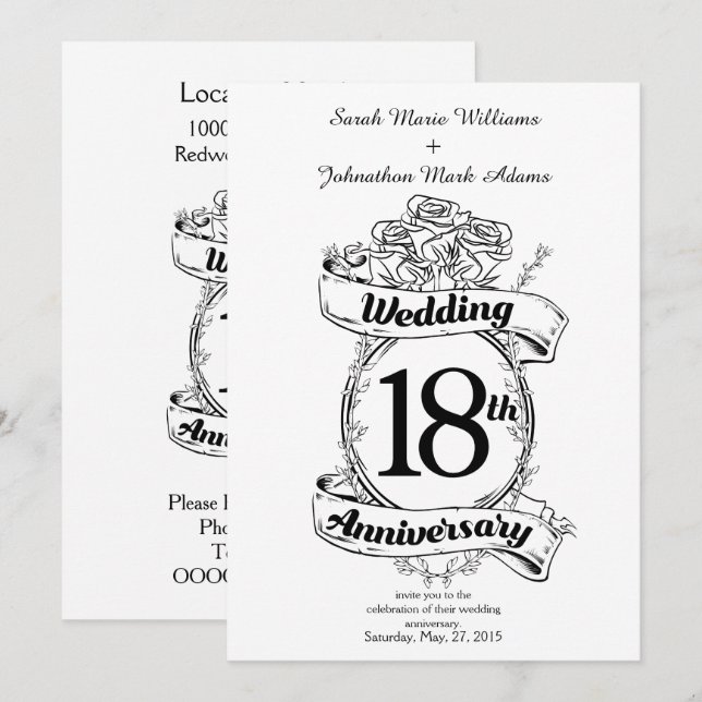 18th Wedding Anniversary Black and White Roses Invitation (Front/Back)