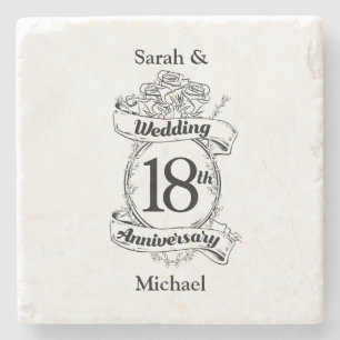 18th Wedding Anniversary Black and White Roses Stone Coaster