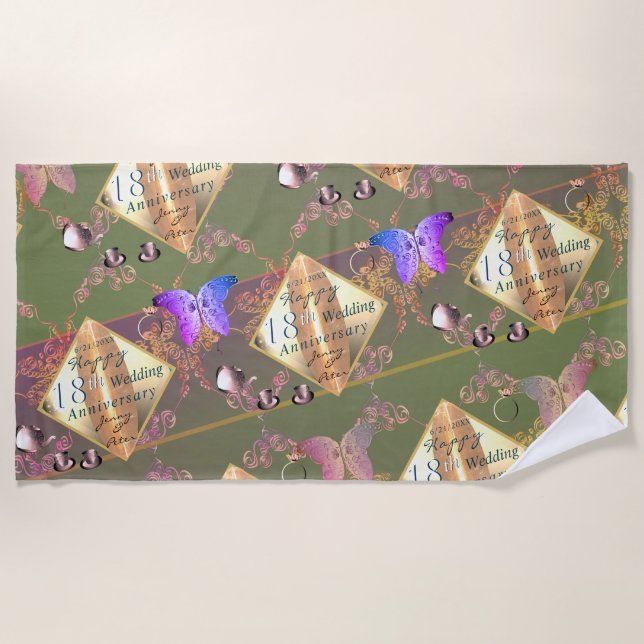 18th Wedding Anniversary Porcelain Cat's Eye Beach Towel (Front)