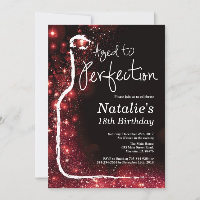 18th Wine Birthday Aged to Perfection Red Glitter Invitation (Front)