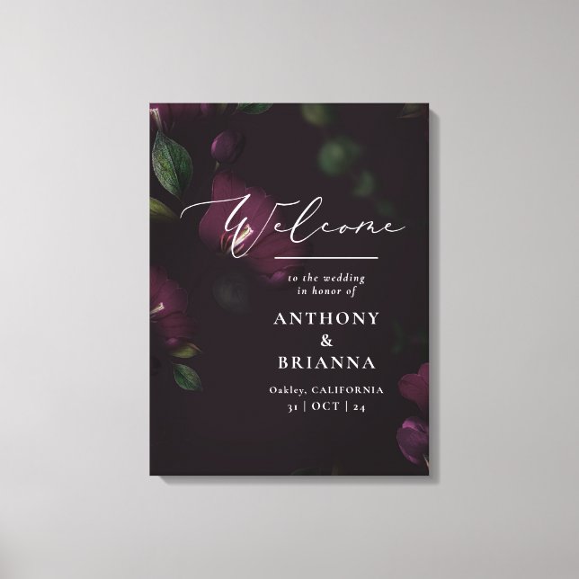 18x24" Moody Purple Bloom Grunge Wedding Welcome Canvas Print (Front)