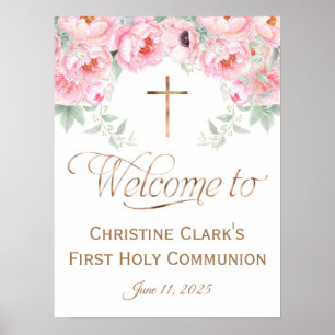 18x24,Pink, Floral, Girl, Communion Welcome Sign, Poster