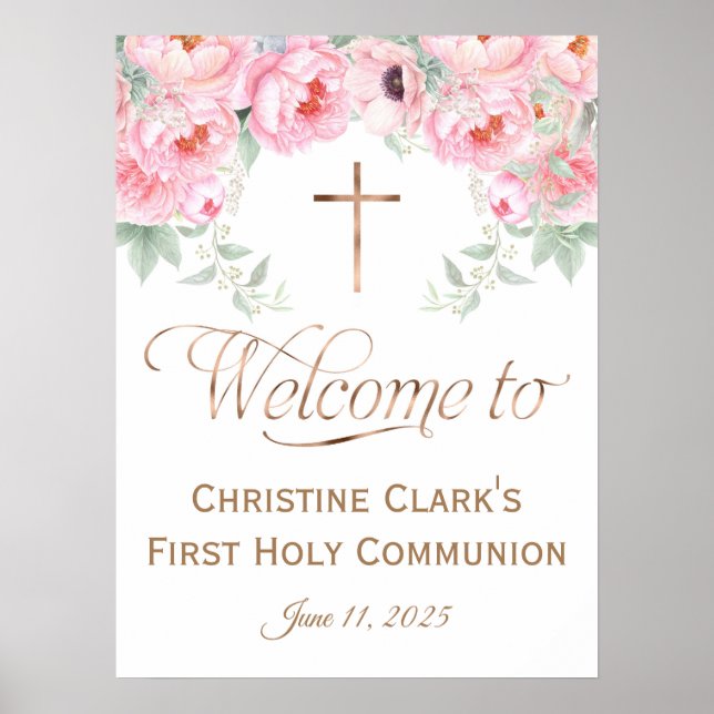 18x24,Pink, Floral, Girl, Communion Welcome Sign, Poster (Front)