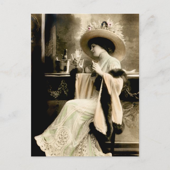 1900 Parisian Woman Drinking Champagne Postcard (Front)