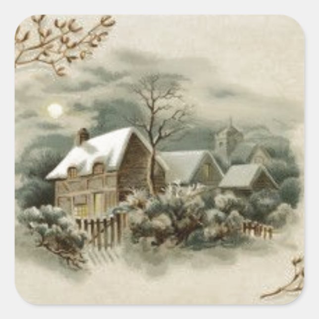 1900s Vintage Winter Cabin Scene Square Sticker (Front)