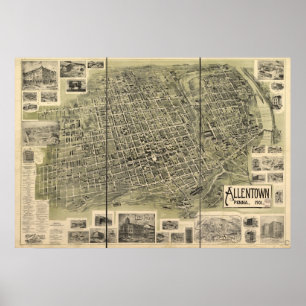 1901 Allentown, PA Birds Eye View Panoramic Map Poster