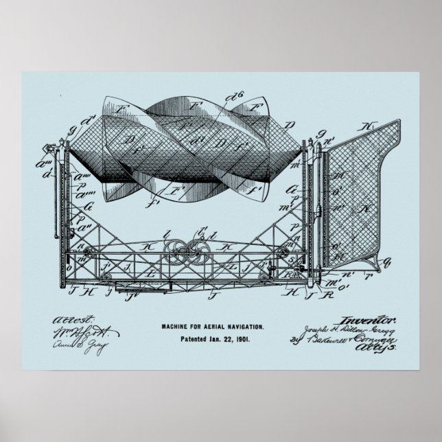 1901 Flying Machine Aeroplane Art Drawing Print (Front)