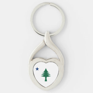 1901 Maine Flag Metal Heart Keychain