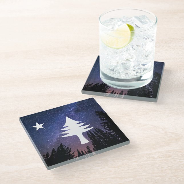1901 Maine Flag - Starry Night Edition Glass Coaster (Angled)