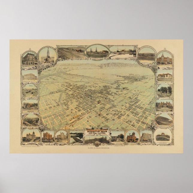 1901 Panoramic Map Birds Eye View, Bakersfield, CA Poster (Front)