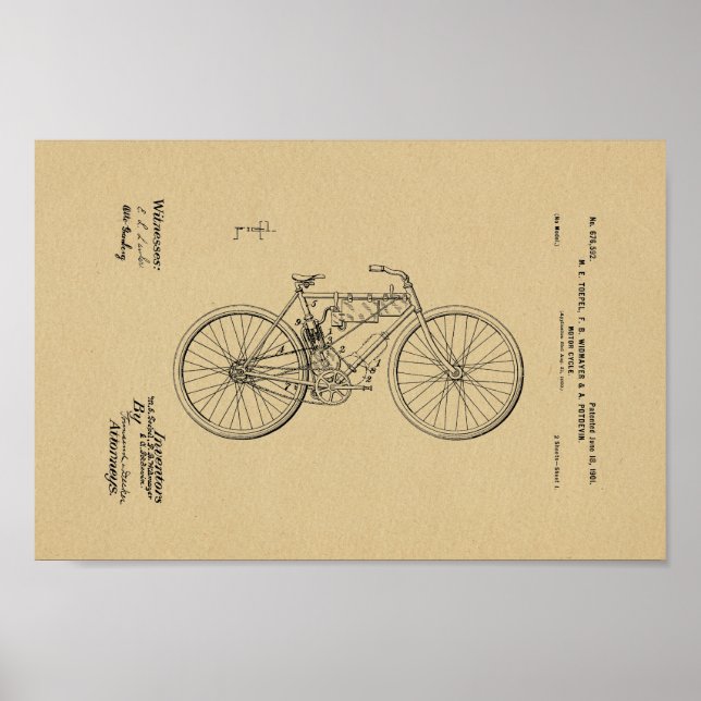 1901 Vintage Motorised Bicycle Patent Art Print (Front)