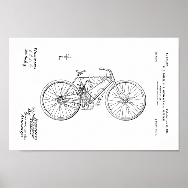 1901 Vintage Motorised Bicycle Patent Art Print (Front)