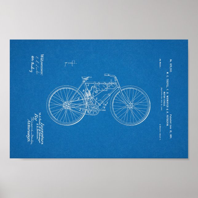1901 Vintage Motorised Bicycle Patent Blueprint Poster (Front)