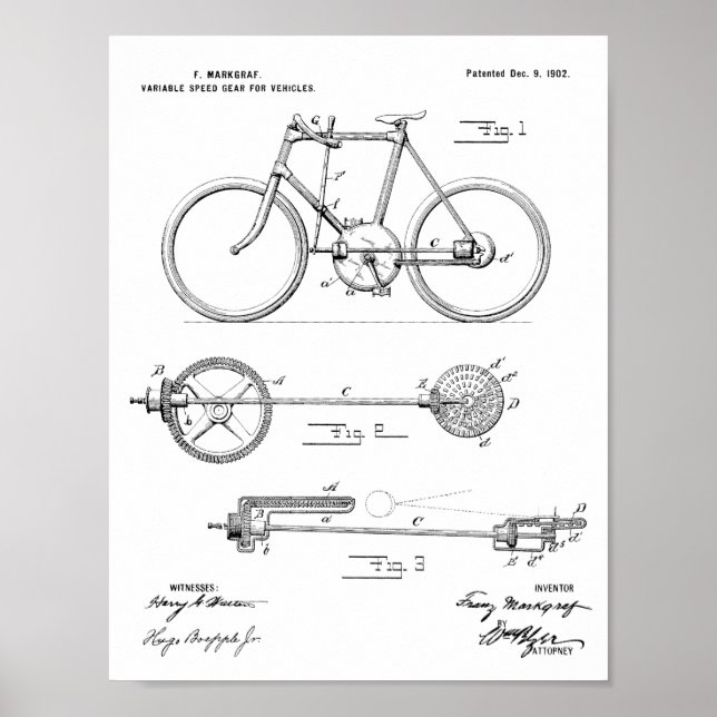 1902 Bicycle Gear Patent Art Drawing Print (Front)