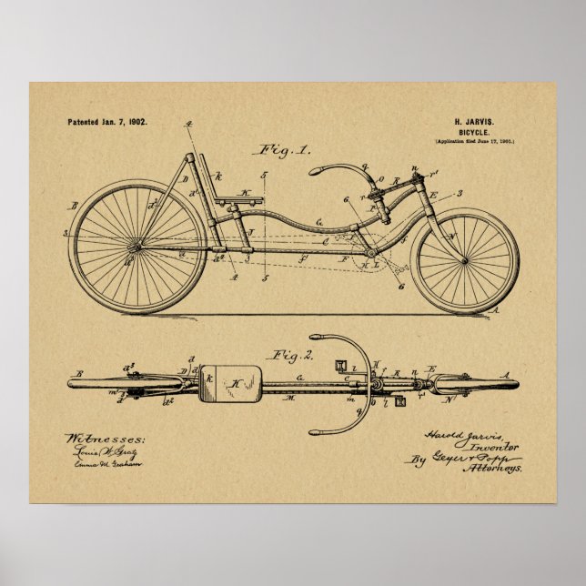 1902 Bicycle Recumbent Design Patent Art Print (Front)