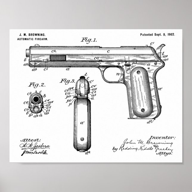 1902 Browning Gun Patent Art Drawing Print (Front)