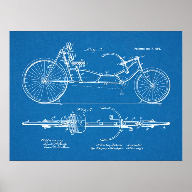 1902 Vintage Recumbent Bicycle Patent Blueprint Poster (Front)