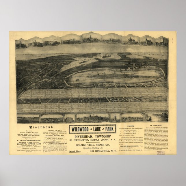 1903 Riverhead, NY Birds Eye View Panoramic Map Poster (Front)
