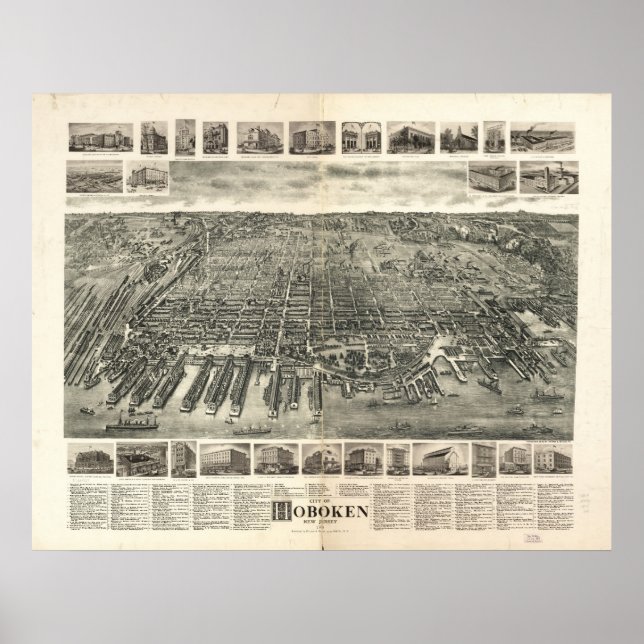 1904 Hoboken, NJ Birds Eye View Panoramic Map Poster (Front)