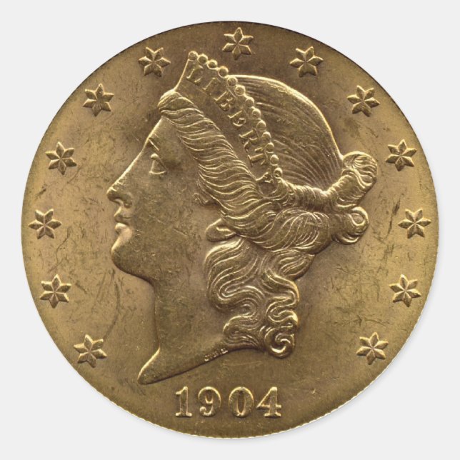 1904 Twenty Dollar Coin front (heads) or $20 money Classic Round Sticker (Front)