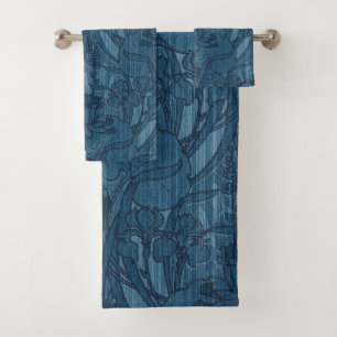 1905 Art Nouveau Style Blue Floral & Leaves Design Bath Towel Set