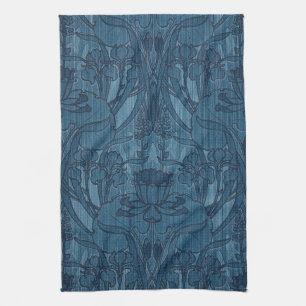 1905 Art Nouveau Style Blue Floral & Leaves Design Tea Towel