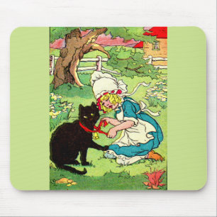 1905 little girl puts bow on her black cat mouse mat