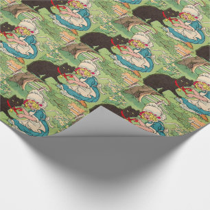 1905 little girl puts bow on her black cat wrapping paper
