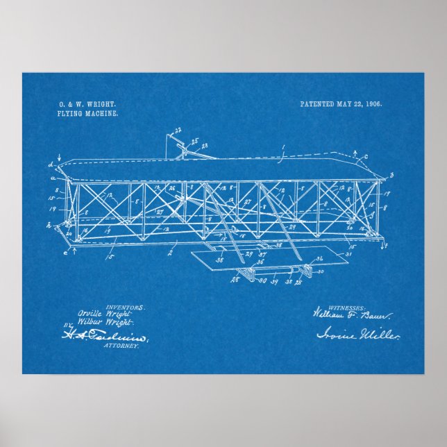 1906 Wright Brothers Aeroplane Patent Art Drawing Poster (Front)