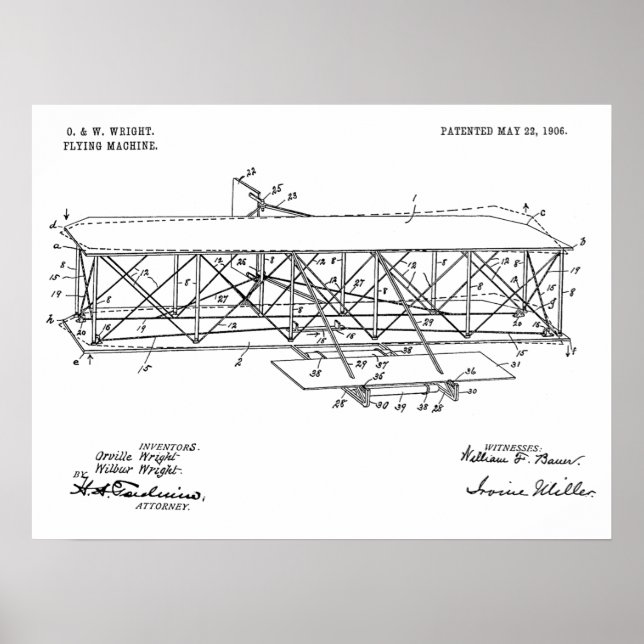 1906 Wright Brothers Aeroplane Patent Drawing Poster (Front)