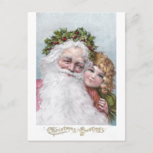 1907 Santa with Holly Crown and Girl Holiday Postcard