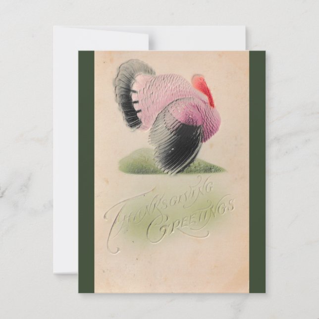 1907 Vintage Thanksgiving Pink and Grey Turkey Card (Front)