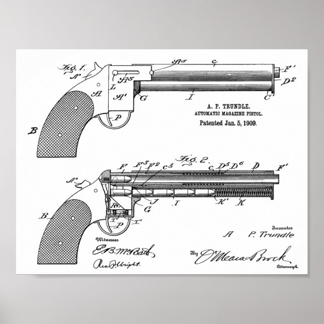 1909 Gun Auto Patent Art Drawing Print (Front)