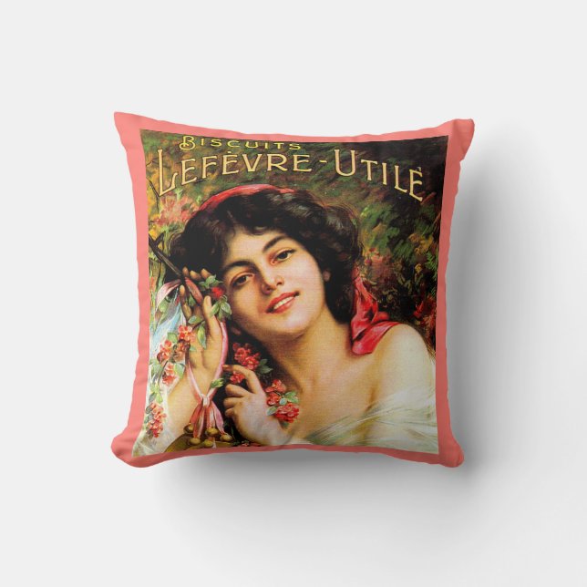 1909 pretty lady Biscuits Lefevre-Utile Cushion (Front)