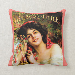 1909 pretty lady Biscuits Lefevre-Utile Cushion
