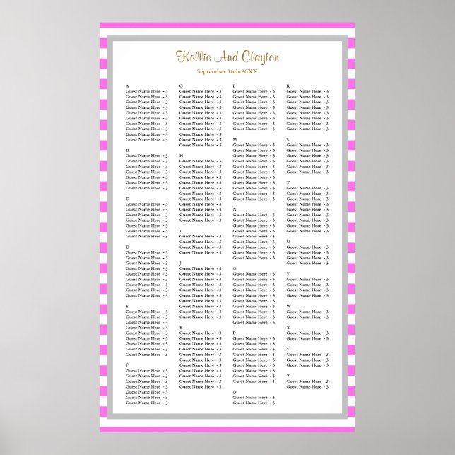 190 Pink/White Stripes Wedding Seating Chart (Front)
