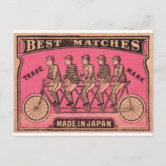 1910 Japanese Tandem Bicycle Matchbox Label Postcard (Front)