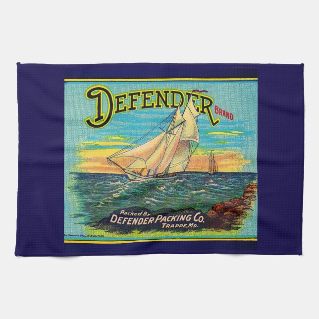1910s Defender brand packing sailboat label print Tea Towel (Horizontal)