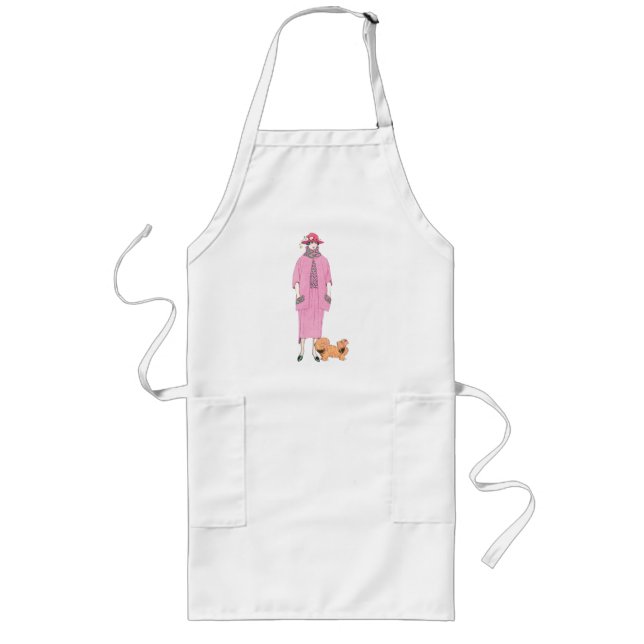 1910s Fashion Illustration Lady & Pekingese Dog Long Apron (Front)