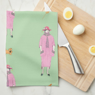 1910s Fashion Illustration Lady & Pekingese Dog Tea Towel