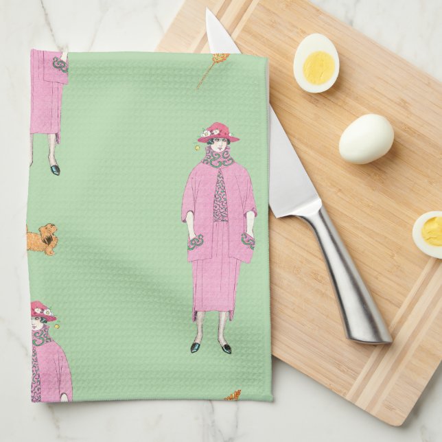 1910s Fashion Illustration Lady & Pekingese Dog Tea Towel (Quarter Fold)